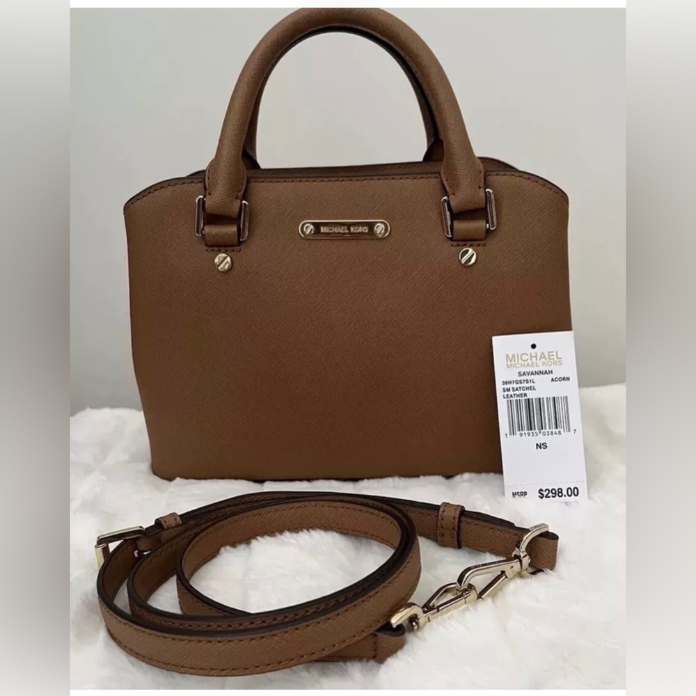 Michael Kors Small Savannah Brown Saffiano Leather Double Handle Crossbody